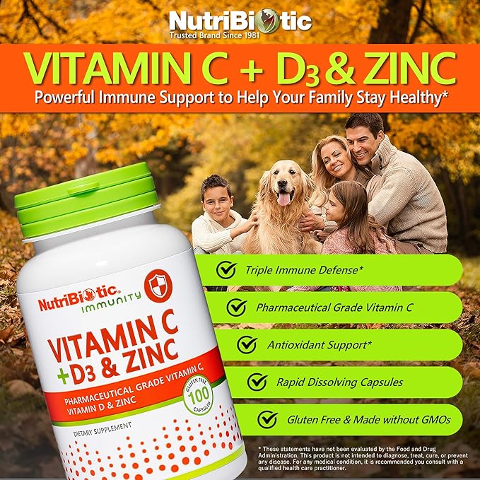 NutriBiotic – Vitamin C + Vitamin D3 &amp Zinc 100 Capsules | Potent Comprehensive Immune Support | Essential &amp Antioxidant Daily Supplement | Gluten &amp GMO Free (Pack of 2)