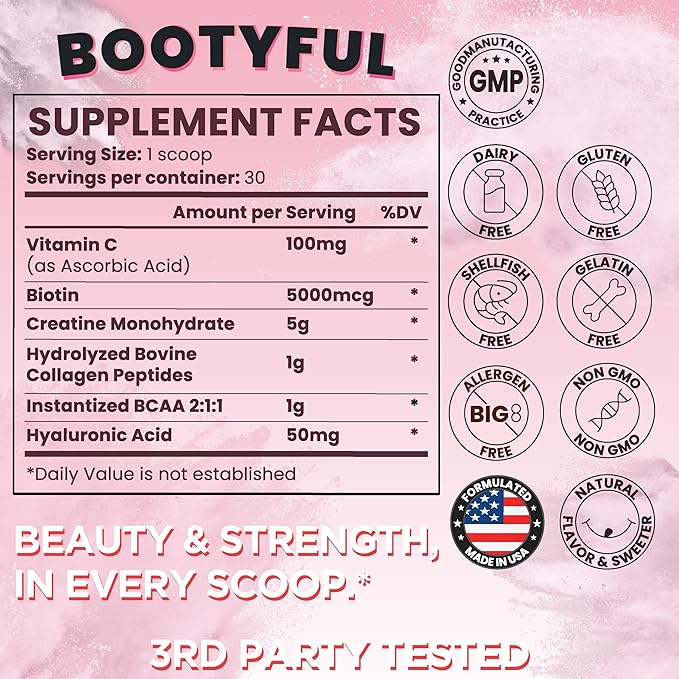 Creatine for Women – Booty Builder – Packed with Collagen Biotin BCAAs Hyaluronic Acid Vitamin C &amp Creatine Monohydrate Powder – Lean Muscle &amp Skin Hydration Support – Pink Lemonade 30 Se
