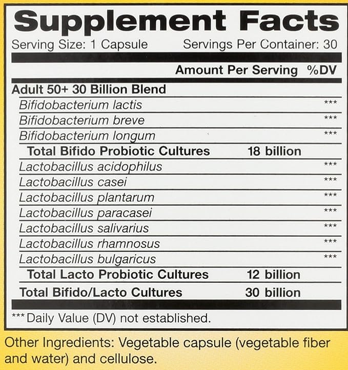 Renew Life Probiotic Adult 50 Plus Probiotic Capsules Daily Supplement Supports Urinary Digestive and Immune Health L. Rhamnosus GG Dairy Soy and gluten-free 30 Billion CFU 30 Count