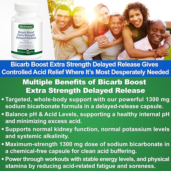 Bicarb Boost Sodium Bicarbonate Capsules Extra Strength 1300mg Organic Use Delayed-Release Sodium Bicarbonate Tablet Kidney Alkalinity Health Pure Baking Soda Tablet 120 Sodium Pills