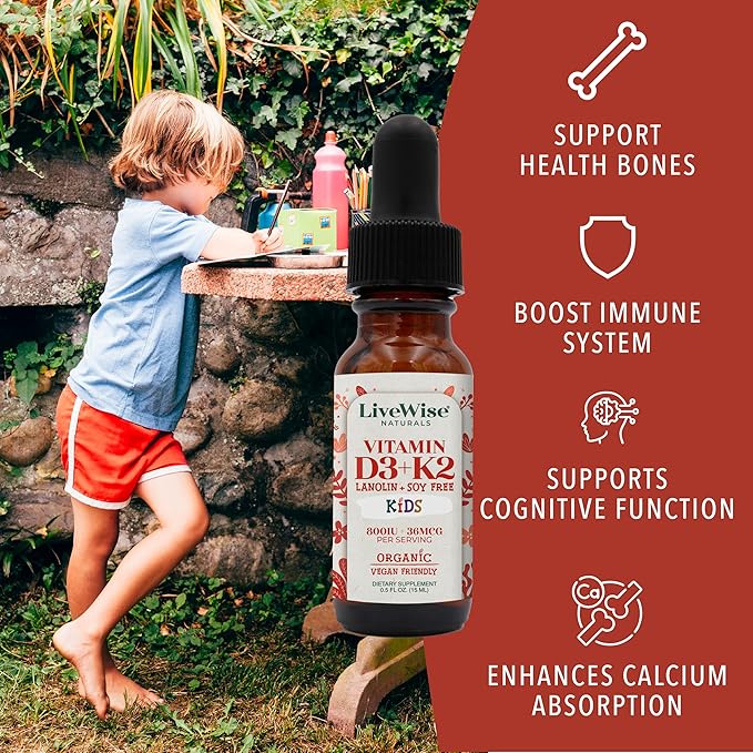 Live Wise Naturals Vitamin D3 K2 Kids Liquid Drops - 112 Servings Ultra Concentrated Formulation Fast Absorption 800 IU &amp 35 MCG for Calcium &amp Bone Support - Daily Nutritional Support Parent