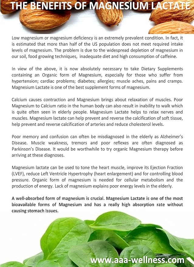 Magnesium Lactate 500 mg per Serving 120 Easy to Swallow Small Vegetarian Capsules. Gluten Free. Doctor formulated. Highly bioavailable Formulation. High Absorption. Made in USA.