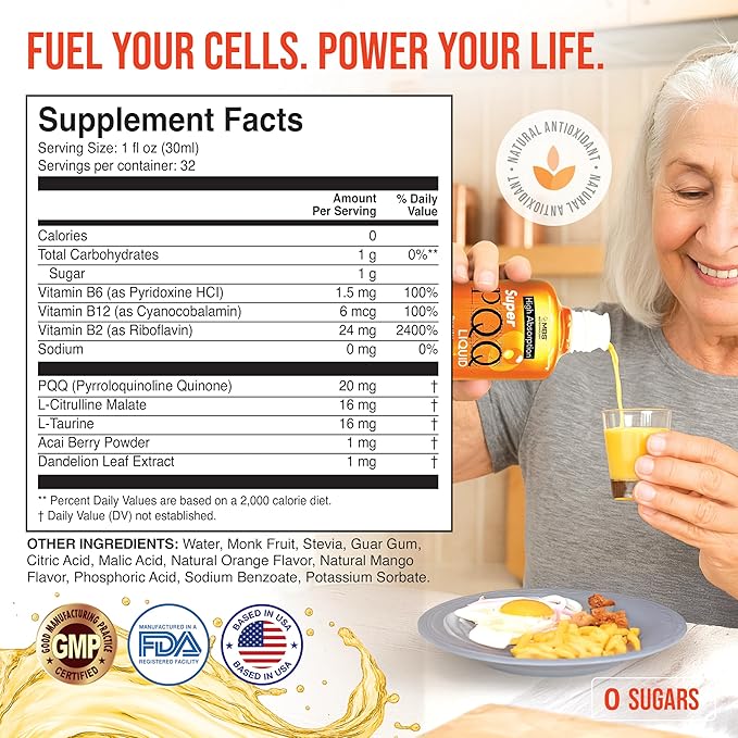 Super PQQ Liquid - Highly Absorbable Pyrroloquinoline Quinone 20 Milligram Best Liquid PQQ for Mitochondrial Biogenesis Supports Heart Health Cognitive Function and Mental Focus