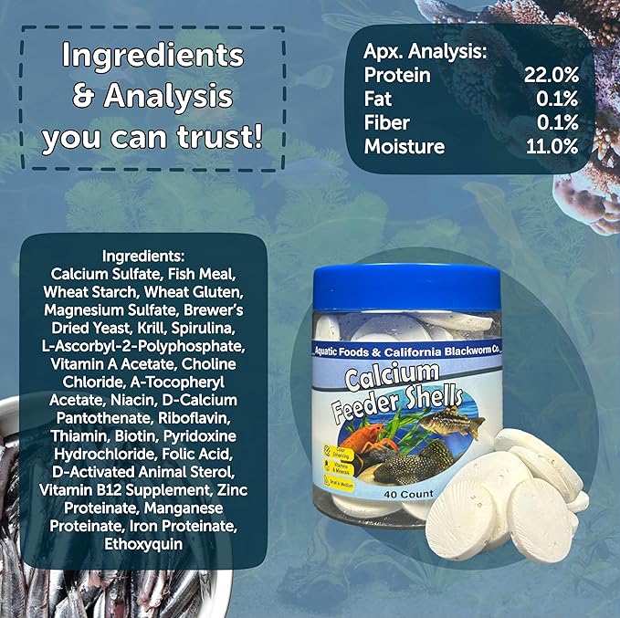Aquatic Foods Inc. Calcium Feeding Shells Small &amp Medium for Shrimp Snails Crabs Crayfish Plecos Catfish All Tropical Fish 4-Type Wafer &amp 12-Type Pellet Mix Included...90 Count Caniste