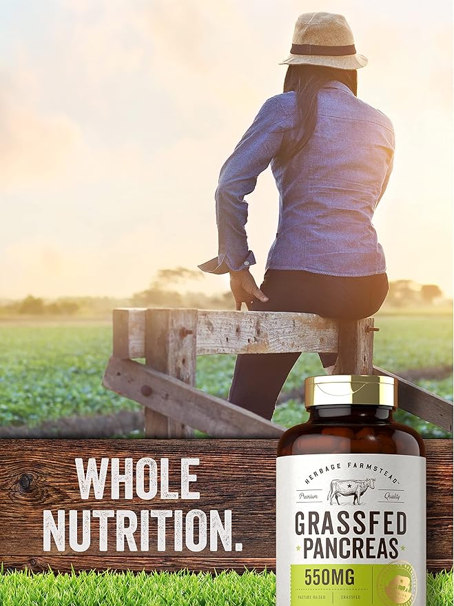 Carlyle Grass Fed Beef Pancreas | 550mg | 200 Capsules | Desiccated Pasture Raised Bovine Supplement | Non-GMO Gluten Free | by Herbage Farmstead