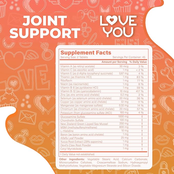 Love You Joint Support Supplement for Relief - Glucosamine Chondroitin MSM &amp Turmeric - Supports Mobility &amp Flexibility (Bones Back Knees Hands) 90 Tablets 45-Day Supply - Made in USA