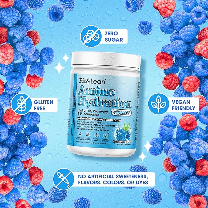 Fit&ampLean Amino Hydration Plus Energy Pre Workout Powder 6g Vegan Amino Acids Essential Amino Acids EAA BCAA Glutamine Electrolytes &amp Natural Caffeine Blue Raspberry 30 Serve