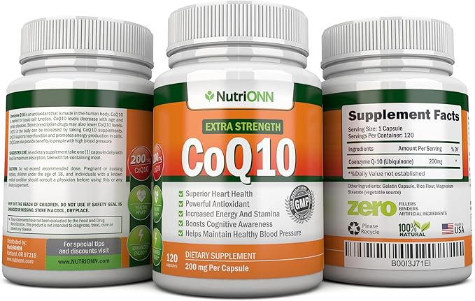 NutriONN CoQ10 200mg (Double Strength) 120 Capsules - High Absorption Coenzyme Q10 - Scientifically Proven Extra Strength CoQ10 Ubiquinone - 4 Month Supply