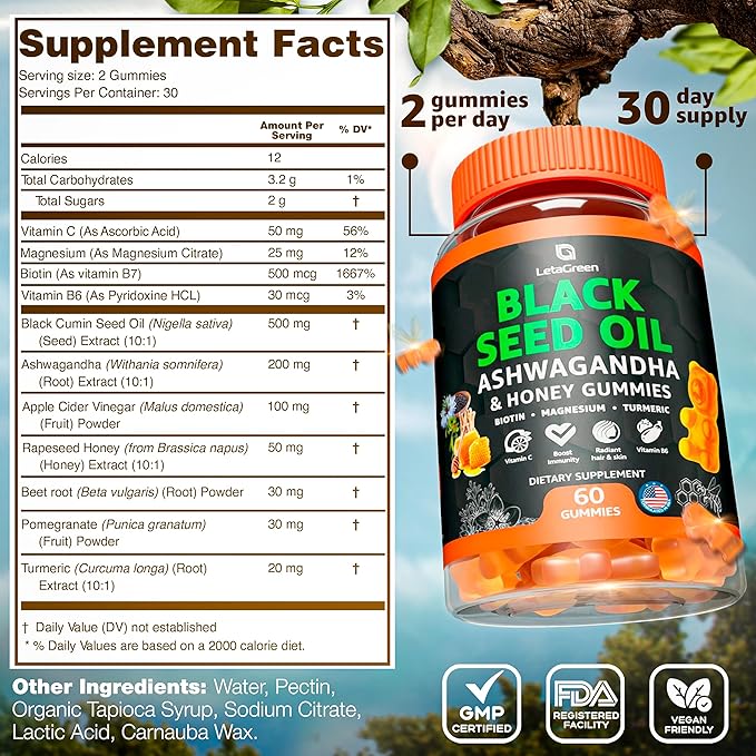Black Seed Oil Gummies 500mg with Ashwagandha &amp Apple Cider Vinegar - Immune &amp Wellness Support Supplement with Vitamin C Biotin Turmeric - 60 Organic Gummy Bears for Hair &amp Skin