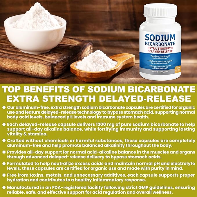 Sodium Bicarbonate Capsules Extra Strength 1300mg Organic Use Sodium Bicarbonate Tablets. Pure Bicarbonate of Soda Strongest Pill of Bicarbonato De Sodio para Tomar Available 120 Sodium Tablets