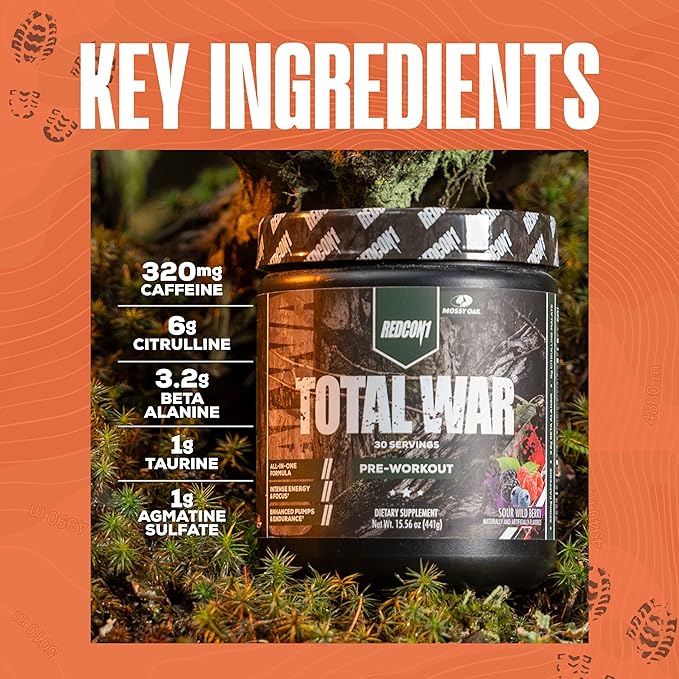 REDCON1 x Mossy Oak Total War Pre Workout Powder Sour Wild Berry - Beta Alanine + Citrulline Malate Keto Friendly Fast-Acting Preworkout for Men &amp Women with 320mg of Caffeine (30 Servings)