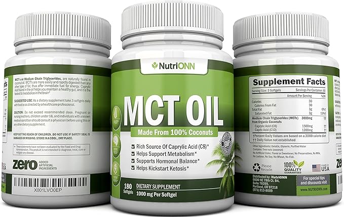 MCT Oil - 3000mg Per Serving - 180 Softgels - Made from 100% Organic Coconuts - Non GMO Cold Pressed Paleo Friendly Capsules - Great for Focus &amp Gut Health