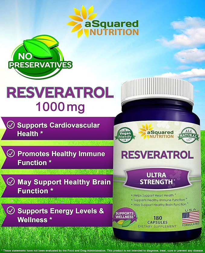 100% Natural Resveratrol - 1000mg Per Serving Max Strength (180 Capsules) Antioxidant Supplement Trans-Resveratrol Pills for Heart Health &amp Pure Polyphenols (Pack of 2)