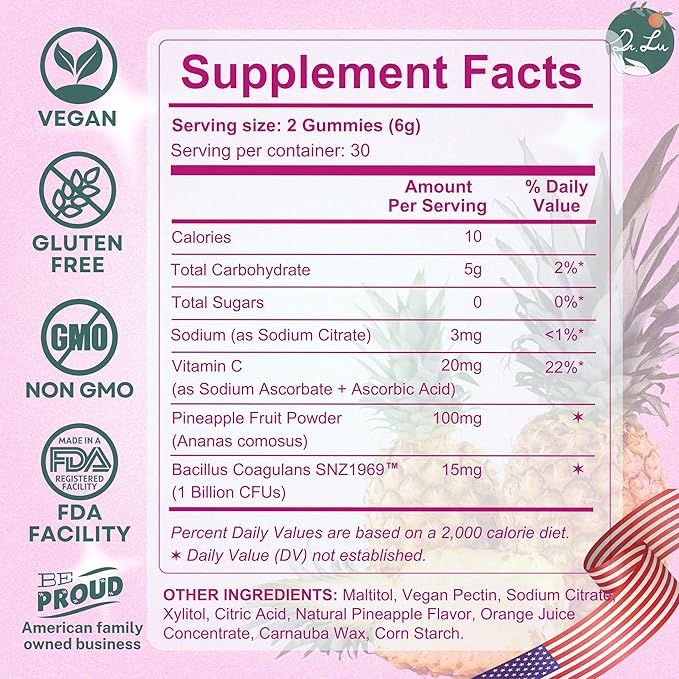 Dr. Lu Happy Girl Feminine Balance Gummies | Pineapple Gummies for Women pH Balance with Probiotics &amp Immune Support | Delicious &amp Naturally Flavored Sugar-Free Vegan - 60 Count