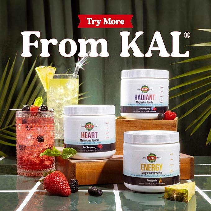 KAL Energy Magnesium Powder Drink Pineapple Flavor Magnesium Citrate Powder Energy Support with Green Tea Caffeine Sugar Free 40 Servings