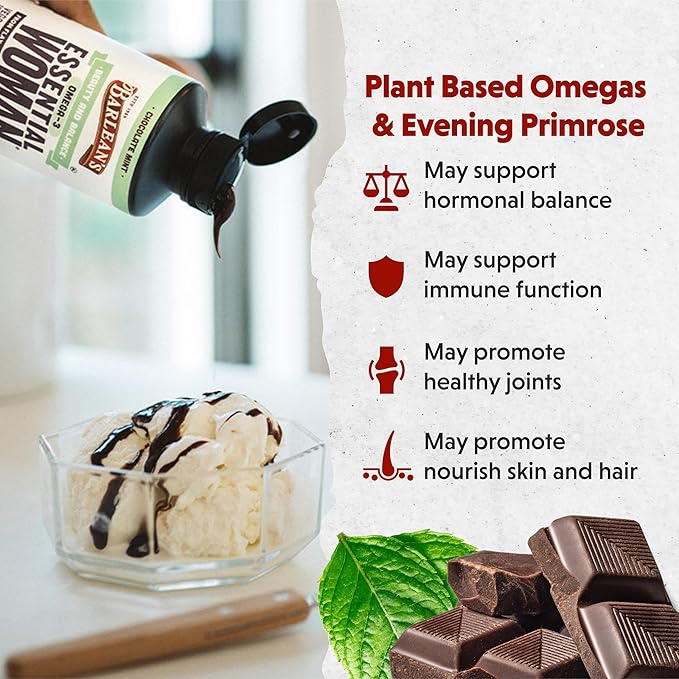 Barlean's Essential Woman Chocolate Mint Liquid Supplement from Flaxseed Evening Primrose Oil &amp Soy Isoflavones Omega 3 6 9 and GLA Hormonal Balance &amp Healthy Hair and Skin 16 oz