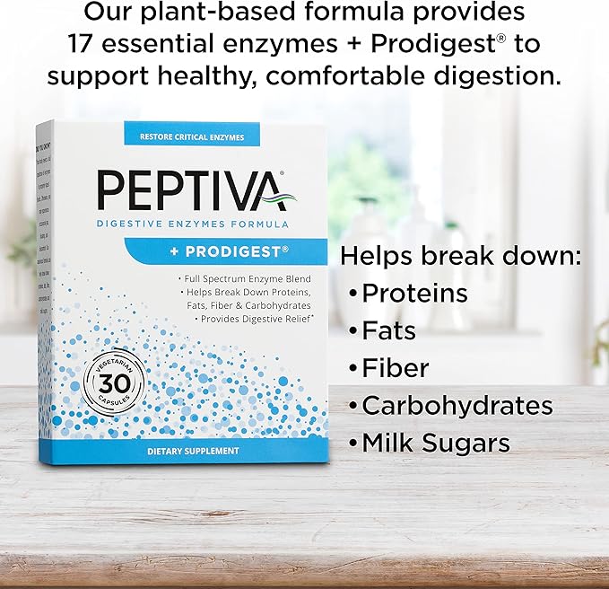 Peptiva Digestive Enzyme Supplement + ProDigest - Helps with Bloating Gas Constipation - 30 Count