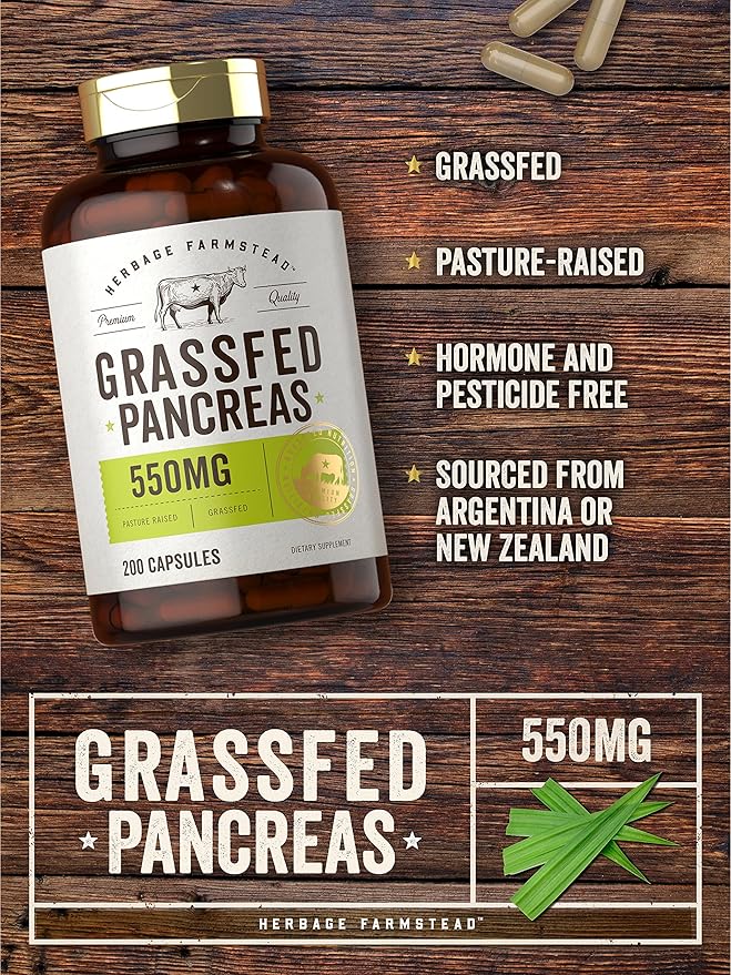 Carlyle Grass Fed Beef Pancreas | 550mg | 200 Capsules | Desiccated Pasture Raised Bovine Supplement | Non-GMO Gluten Free | by Herbage Farmstead