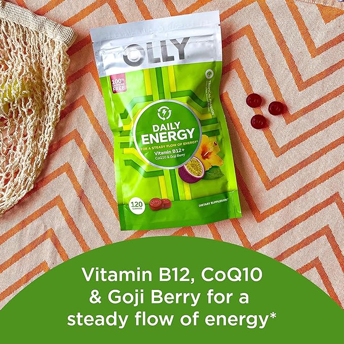 OLLY Daily Energy Gummy Caffeine Free Vitamin B12 CoQ10 Goji Berry Adult Chewable Supplement Tropical Flavor - 120 Count Pouch