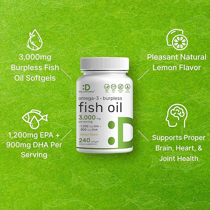 DEAL SUPPLEMENT Omega 3 Fish Oil Supplements 3000mg Per Serving 240 Softgels – EPA 1200mg + DHA 900mg – Burpless Pills Lemon Flavored Wild Caught – Brain &amp Heart Support – Mercury Free Non-
