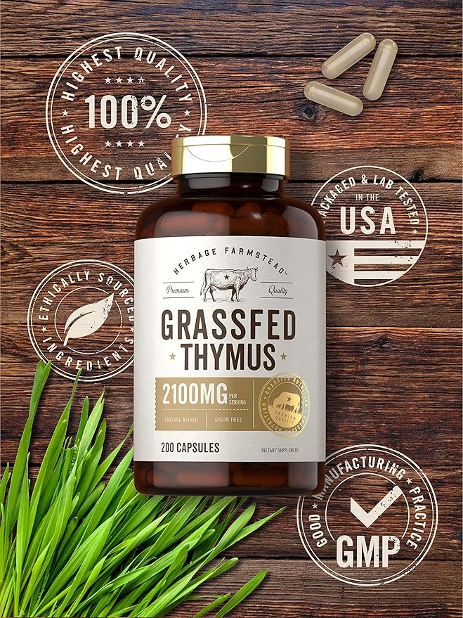Carlyle Grass Fed Beef Thymus Bovine Supplement | 2100mg | 200 Capsules | Pasture Raised Non-GMO Gluten Free | by Herbage Farmstead