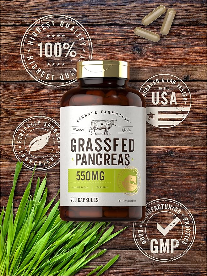 Carlyle Grass Fed Beef Pancreas | 550mg | 200 Capsules | Desiccated Pasture Raised Bovine Supplement | Non-GMO Gluten Free | by Herbage Farmstead