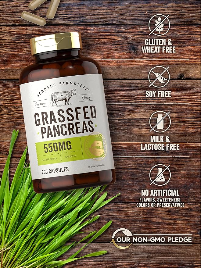 Carlyle Grass Fed Beef Pancreas | 550mg | 200 Capsules | Desiccated Pasture Raised Bovine Supplement | Non-GMO Gluten Free | by Herbage Farmstead