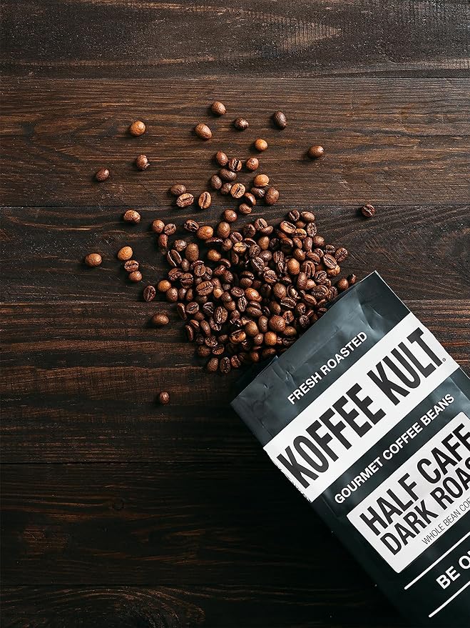 Koffee Kult Half Caff Coffee Whole Bean Dark Roast Half Caffeine Decaf Low Acid Naturally Decaffeinated (12oz Ground)