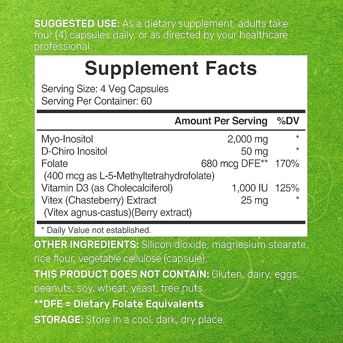 Myo-Inositol &amp D-Chiro Inositol Supplement for Women (40:1) | 2050mg Per Serving | 240 Veggie Capsules | with Folate Vitamin D3 &amp Vitex | Hormonal Balance &amp Cycle Support | Non-GMO