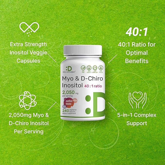 Myo-Inositol &amp D-Chiro Inositol Supplement for Women (40:1) | 2050mg Per Serving | 240 Veggie Capsules | with Folate Vitamin D3 &amp Vitex | Hormonal Balance &amp Cycle Support | Non-GMO