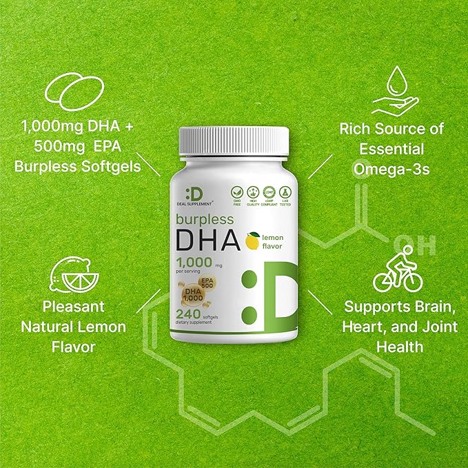 DHA Supplements | 240 Softgels Burpless Lemon Flavor DHA 1000mg + EPA 500mg Wild Caught Fish Rich in Omega-3s Mercury Free Non-GMO Support Brain Heart &amp Joint Health