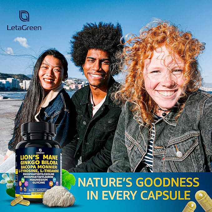 Organic Lions Mane Supplement Capsules - 240 Real Mushrooms Lion's Mane Capsules with Ginkgo Biloba Herb Bacopa Monnieri L Theanine L Tyrosine - Mushroom Complex for Daily Wellness