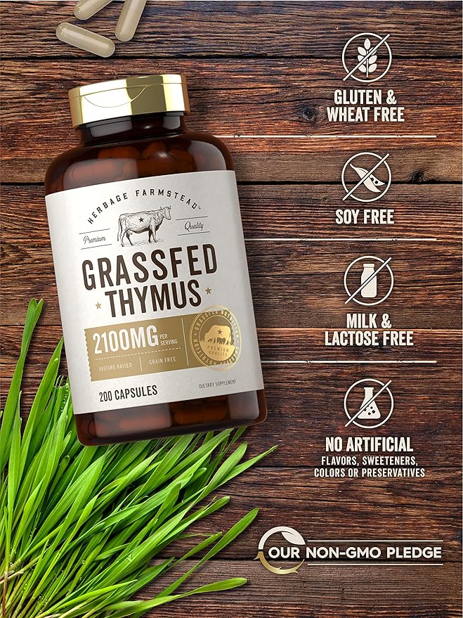 Carlyle Grass Fed Beef Thymus Bovine Supplement | 2100mg | 200 Capsules | Pasture Raised Non-GMO Gluten Free | by Herbage Farmstead
